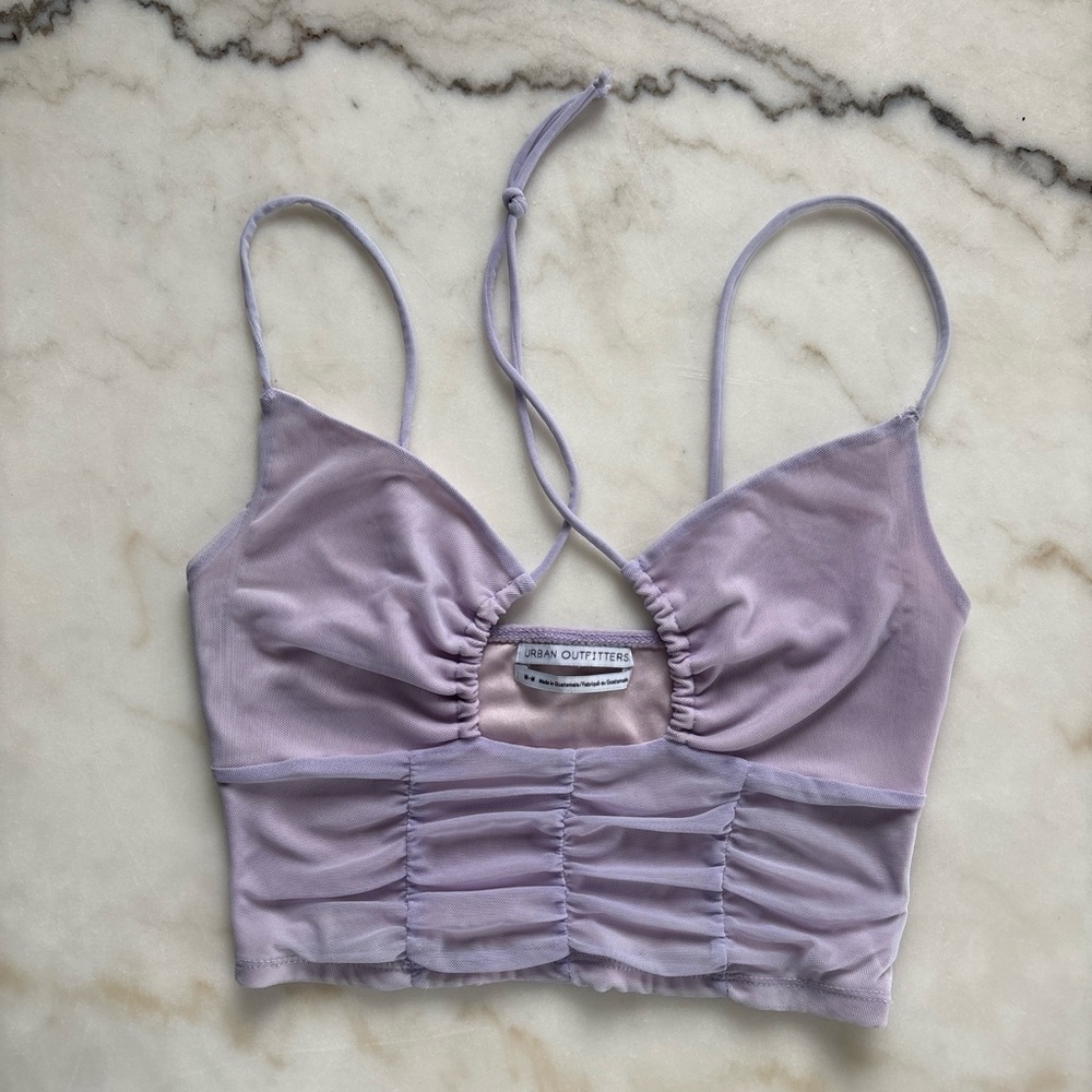 Urban Outfitters Purple Mesh Ruched Crop Top Lilac Keyhole Halter Tank UO Size M